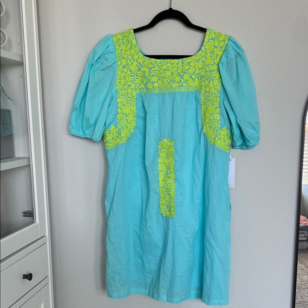 NWT J. Marie Teal and Green Lace Puff Sleeve Dress